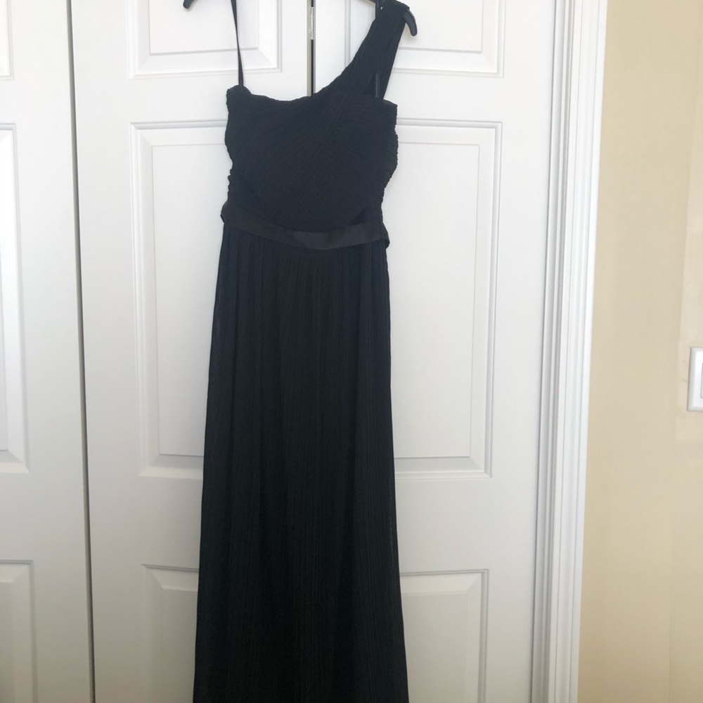 Dessy One sleeved black chiffon bridesmaids dress.